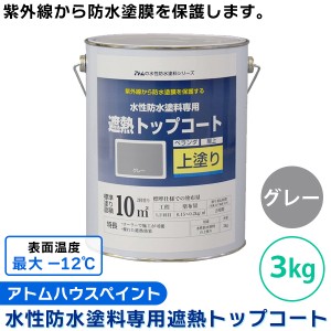 【14時迄当日出荷】 アトムハウスペイント:水性防水塗料専用遮熱トップコート 3kg グレー 4971544230504 FRP ウレタン ベランダ バルコニ