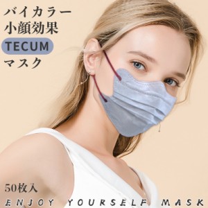 バイカラー 立体マスク 4Dマスク 小顔マスク 不織布 血色マスク 不織布マスク カラー 50枚入 プリーツマスク 肌に優しい TECUM MASK 日本