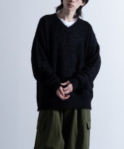 Shaggy Solid/Border Loose V-neck Knit Sweater / シャギー 無地/ボーダー柄 ルーズ Vネック ニットセーター