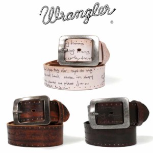 Wrangler ラングラー レザーベルト レーザー彫 サイド金箔入り 刻印 手書き風 英字彫 金 メンズ カット可 本革 カジュアル バックル [Lot