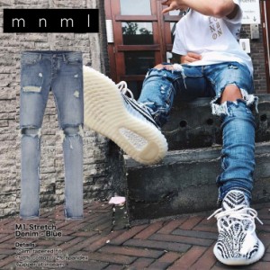 mnml デニム 裾ジップ mnml ミニマル M1 STRETCH DENIM BLUE クラッシュデニムパンツ スキニー スリム