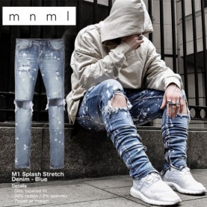 mnml ストレッチ ミニマル 裾ZIPジップ ダメージクラッシュジーンズ mnml M1 SPLASH STRETCH DENIM BLUE