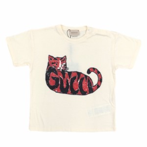 未使用 グッチ キャット ロゴプリント 半袖Tシャツ キッズ ベビー クリーム 100/56 猫 コットン GUCCI