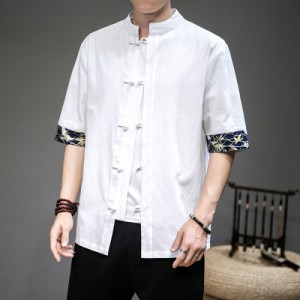カジュアルシャツ メンズ チャイナ服 5分袖シャツ 中華風 スタンド鶴柄 トップス 春夏 