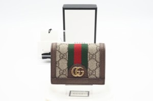 ☆安心の3大保証☆ ABランク ≪GUCCI グッチ/二つ折り財布≫ 523155 オフィディア GG カードケース コイン&紙幣入れ付き ベージュ グリー