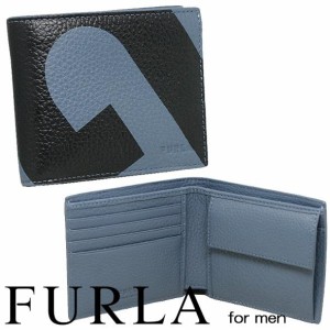 フルラ メンズ 二つ折り財布 FURLA レザー 財布 ブルーデニム（ブルーグレー）／ブラック MP00023-AX0757-DE000 新品 無料ラッピング可 
