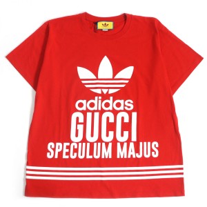 未使用品□22SS GUCCI×adidas グッチ アディダス 616036 トレフォイル ロゴプリント 半袖Tシャツ/カットソー レッド L イタリア製 正規