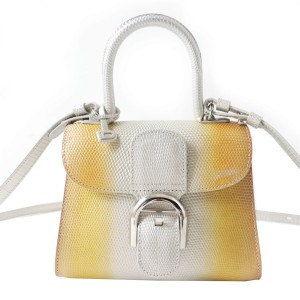 美品◎フランス製 DELVAUX デルヴォー Brillant ブリヨン ミニ 2WAY ハンド／ショルダーバッグ リザード サンライト シルバー金具 保管袋