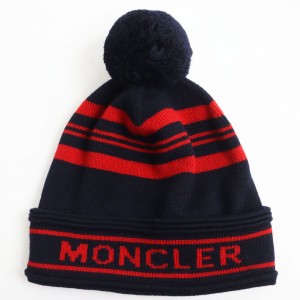 未使用品●MONCLER モンクレール BERRETTO ウール100％ ボーダー ロゴ入 梵天付 ニットキャップ/帽子 ダークネイビー×レッド 伊製 正規