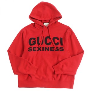 美品□20SS GUCCI/グッチ SEXYNESS 569828 コットン100％ プルオーバー ロゴスウェットパーカー/フーディー レッド S イタリア製 正規品