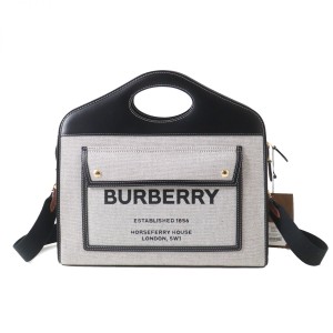 未使用◎正規品 伊製 BURBERRY バーバリー 8036785 ミディアム ポケット 2WAY トートバッグ キャンバス×レザー ブラック×ブラック 袋付