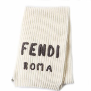 極美品 FENDI フェンディ ロゴ入り FXT352 ウール ニットマフラー ホワイト 25×190cm 保存袋付き イタリア製 正規品 レディース