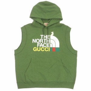 極美品 GUCCI グッチ THE NORTH FACE 663243 コットン ロゴプリント ノースリーブ カットオフ フーディー パーカー カーキ L イタリア製 