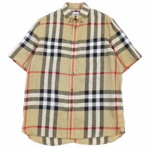 極美品 BURBERRY バーバリー 8051073 リネン100％ ノバチェック柄 ボタンダウン 半袖シャツ ベージュ S 正規品 メンズ 春夏おすすめ◎