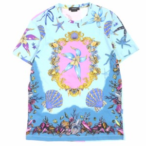 極美品▼VERSACE ヴェルサーチ 2022年製 TAYLOR FIT コットン プリント 総柄 半袖Ｔシャツ ライトブルー S ハンガー付き メンズ