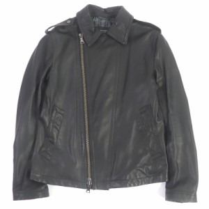 極美品□BURBERRY BLACK LABEL バーバリーブラックレーベル ラムレザー 裏チェック柄 WZIP シングル ライダースジャケット 黒 L 正規品