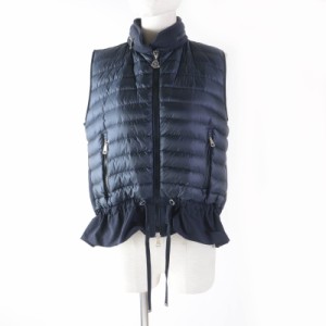 美品★モンクレール MAGLIA GILET フード・ロゴZIP付 裾フリル ニット切替 ダウンベスト ネイビー S ブルガリア製 正規品 レディース