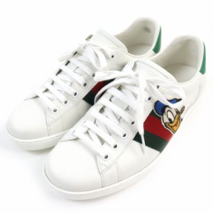 美品△GUCCI グッチ 649399 エース ディズニー ドナルドダックコラボ ウェブライン レザースニーカー ホワイト グリーン 7.5 伊製 メンズ