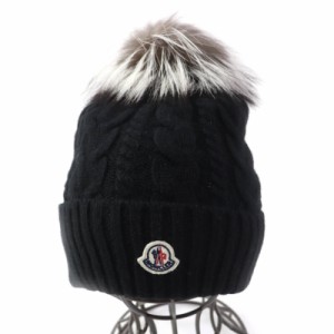 未使用品★MONCLER モンクレール BERRETTO カシミヤ混 FOXファー使い ロゴワッペン付 ニットキャップ 黒 UNI ブルガリア製 レディース