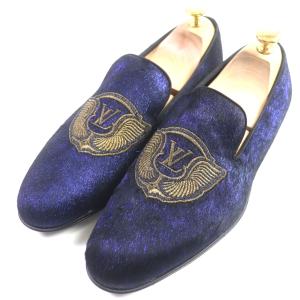 LVロゴ刺繍ベルベットローファーシューズ でっかい ベロアスリッポン