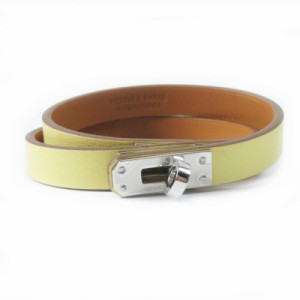 極美品◎HERMES エルメス ミニ ケリードゥブルトゥール シルバー金具 ブレスレット レザー イエロー T3 B刻印 箱・保存袋付き 仏製 正規