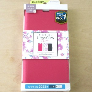 iPhone14 Plus ケース ソフトレザー 手帳型 薄くて軽い ピンク×花柄 ネコポス可能