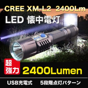 CREE社 XM-L2 LED 懐中電灯 2400ルーメン USB充電アダプター付き /LEDライト/充電式/懐中電灯/防災グッズ/USB型 1本用充電器付き＋ライト