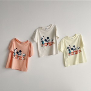 韓国子供服 半袖Tシャツ MICKEY ミッキーマウス グーフィー ドナルドダック サーフボード カラフル ホワイト イエロー オレンジ 90 100 1