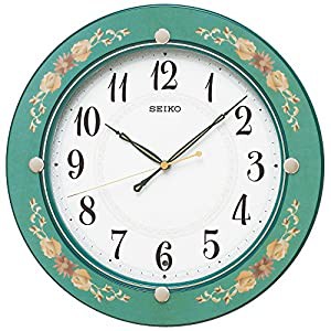 セイコー クロック 掛け時計 電波 アナログ 木枠 緑 花柄 模様 KX220M SEIKO(中古品)