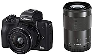 Canon ミラーレス一眼カメラ EOS Kiss M ダブルズームキット ブラック EOSKISSMBK-WZK(中古品)