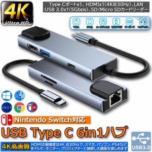 USB TypeC ハブ 6 in 1 Nintendo Switch対応 4K＠30Hz 有線LAN アダプター USBC HDMI LANポート SD/micro SD カードリーダー イーサネッ