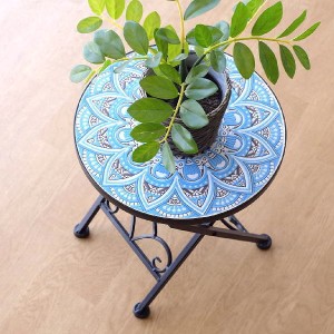 ガーデンテーブル タイル おしゃれ ミニテーブル アイアン 円形 丸型 ガーデン 花台 アイアンとタイルのミニテーブル ブルーParis