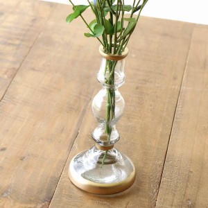 花瓶 フラワーベース おしゃれ ガラス 花器 かわいい 一輪挿し ドライフラワー 小花 アンティークゴールド 燭台風 ガラスベース S
