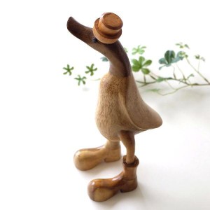 アヒル 鳥 ダック 置物 オブジェ おしゃれ 木彫り 木製 天然木 かわいい 木のオブジェ バンブーダック ハット＆ブーツ