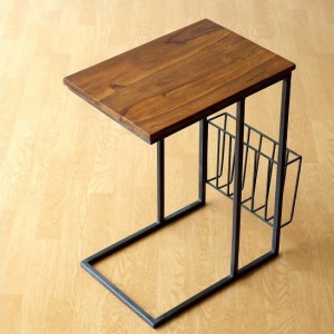サイドテーブル 木製 コの字型 ソファーサイドテーブル ベッド シーシャムとアイアンのサイドテーブル マガジンラック付き