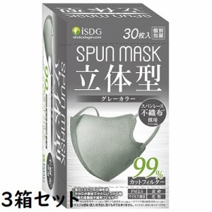 送料無料 SPUN MASK 立体型スパンレース カラーマスク グレー 30枚入【3箱セット】 医食同源【PT】