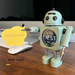 置き時計 目覚まし時計 かわいい デジタル ロボット 置き物 ユニーク 静音 お祝い 子供が喜ぶ プレゼント 5色 メモクリップ (薄グリーン)