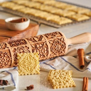 ローリングピン 欧風 クッキーローラー 木製 クッキー型 かわいい めん棒 焼菓子 ビスケット 生地刻ま キッチンツール  クッキーギフト 