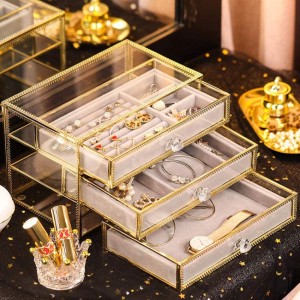 ジュエリーボックス ガラス 宝石箱 大容量 透明 アクセサリーケース 引出し三段 コレクションケース 高級展示 ピアス 指輪 化粧品収納 ク