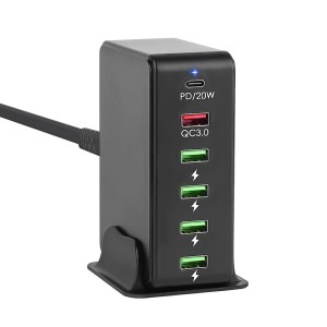 USB 充電器 合計65W PD 急速充電器 6ポート【PD20W&QC3.0/6台同時充電/1.2Mケーブル＆スタンド付】USB-C*1&USB-