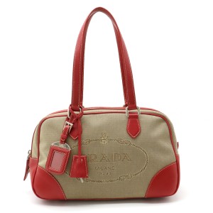 PRADA プラダ   トートバッグ BR3581 キャンバス レザー  ブラウン系 ゴールド金具  ジャガード ロゴ 【本物保証】