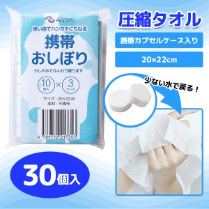 圧縮タオル 携帯カプセルケース入り 30個セット 20×22cm 使い捨てタオル 使い捨てハンカチ 防災 コインティッシュ トラベル キャンプ ア