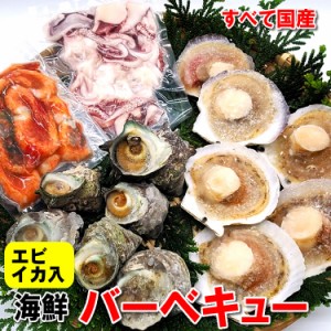 【送料無料】国産　ホタテ（片貝）・サザエ・甘エビ・イカゲソの４種海鮮バーベキューセット（さざえ、ほたて、帆立、ｂｂｑ）　※北海道