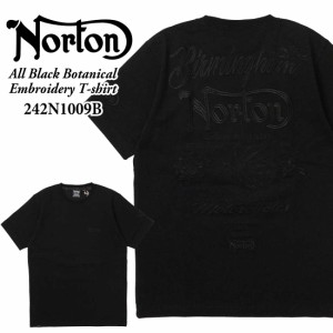 Norton ノートン 服  半袖 Tシャツ 242N1009B オールブラック　ボタニカル 刺繍 Tシャツ クルーネック アメカジ バイカー バイク メンズ 