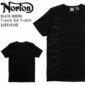 Norton ノートン 服 半袖 242N1010B Tシャツ ブラックシリーズ テレコTシャツ Vネック 半袖Tシャツ ロゴ刺繍 黒 アメカジ バイカー バイ