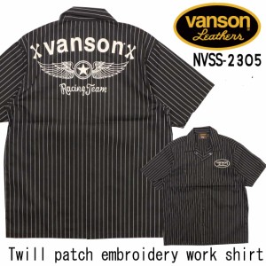 VANSON バンソン 半袖 シャツ NVSS-2305 ロゴプリント T/Cツイル 半袖ストライプシャツ メンズ アメカジ