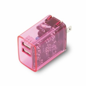 AC充電器 USB 2ポート 2port Smart IC付き クリア スケルトン 透明 同時充電対応 USB-A ピンク