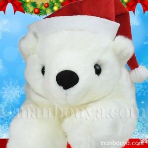 クリスマスプレゼント ぬいぐるみ くま シロクマ キュート販売 CUTE 白くま 這い Lサイズ サンタ帽子 45cm まんぼう屋ドットコム