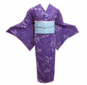 着物 洗える 紗 夏用 小紋 と 絽軽装帯 付け帯 2点セット 紫色地大輪菊花ドット Ｌ 夏物 きもの 作り帯 つくり帯 女性用