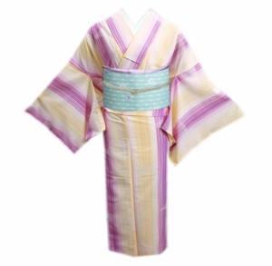 着物 洗える 紗 夏用 小紋 と 絽軽装帯 付け帯 2点セット 橙色紫色ぼかしライン Ｌ 夏物 きもの 作り帯 女性用
